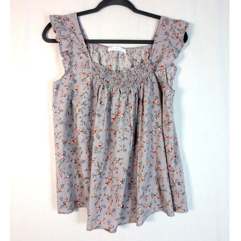 Ces Femme Women's Gray Floral Farmhouse Peasant Tank Top Shirt Size Medium